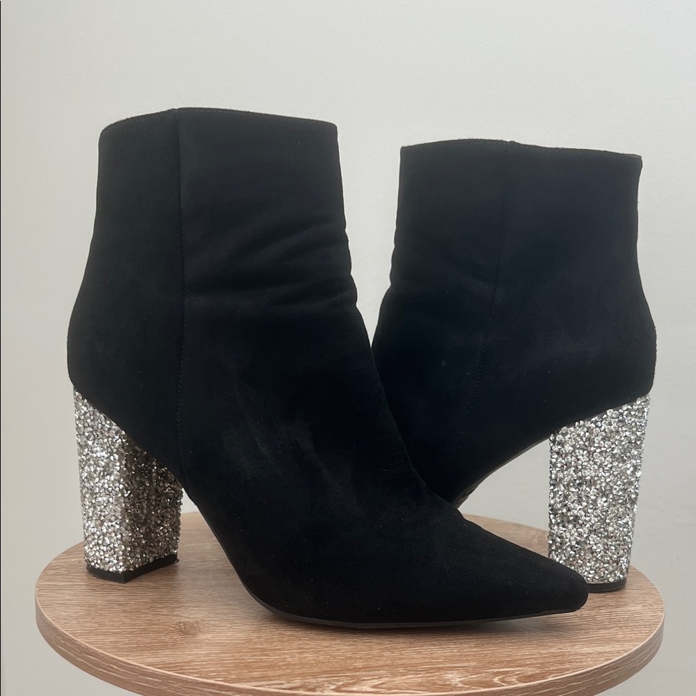 BAMBOO Black Boots with Silver Sparkle Heel